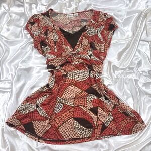 y2k Cato Top Brown Excellent Mosaic Print Faux Wrap Buckle Short Sleeve Blouse